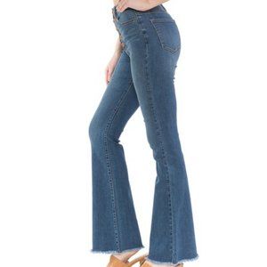 High Rise Button Fly Flare, Stretchy Denim